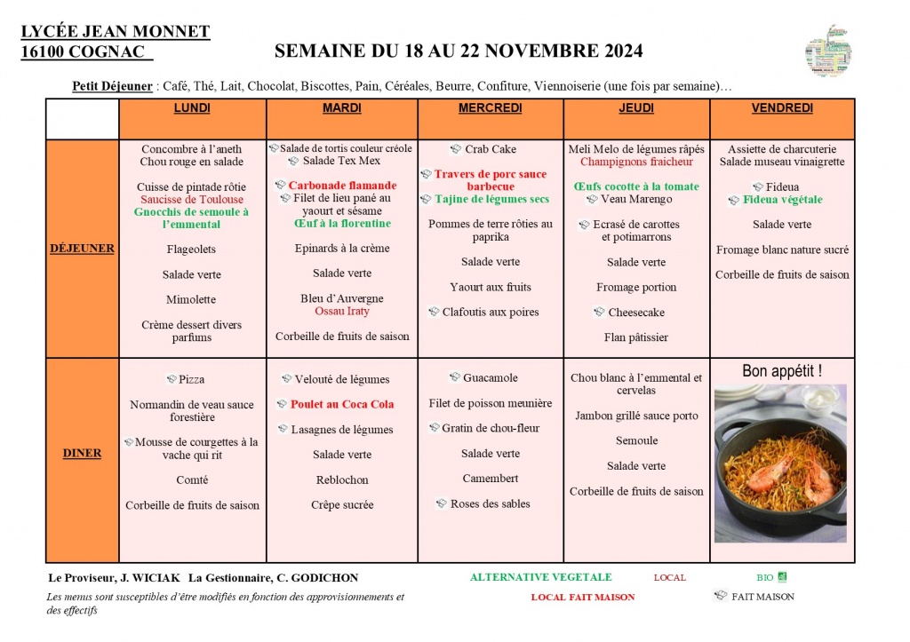 MENU DU 18 AU 22 NOVEMBRE 2024